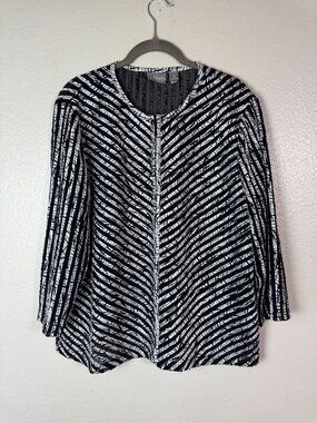 Chicos Travelers Black White Abstract Cardigan‎ Jacket Size Large Semi sheer Zip
